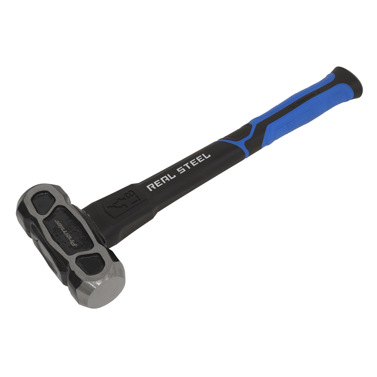 A black and blue sledgehammer labeled "Sealey's Unbreakable Club Hammer 4lb - SLHU041," featuring a textured rubber grip. Crafted from drop-forged, fine-grained carbon steel, this tool exemplifies the superior quality of Premier Hand Tools.