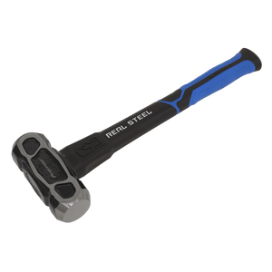 A black and blue sledgehammer labeled "Sealey's Unbreakable Club Hammer 4lb - SLHU041," featuring a textured rubber grip. Crafted from drop-forged, fine-grained carbon steel, this tool exemplifies the superior quality of Premier Hand Tools.