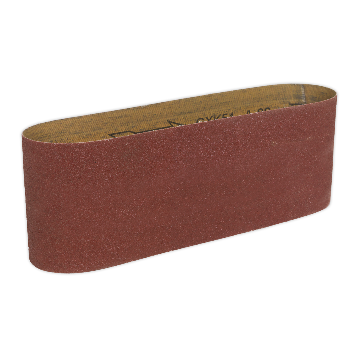 The Sealey Sanding Belt 610 x 100mm 80Grit - SM1300B610 is a red abrasive sanding belt with a continuous loop design, commonly used for smoothing surfaces in woodworking or metalworking. This 80-grit sanding belt provides efficient and precise results.