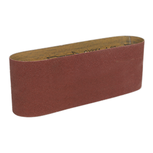 The Sealey Sanding Belt 610 x 100mm 80Grit - SM1300B610 is a red abrasive sanding belt with a continuous loop design, commonly used for smoothing surfaces in woodworking or metalworking. This 80-grit sanding belt provides efficient and precise results.