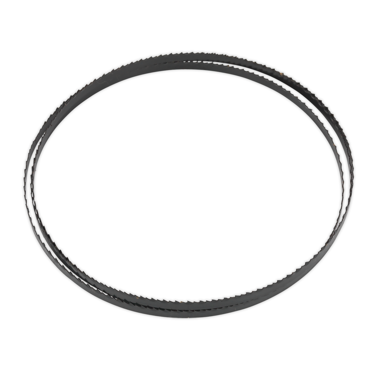 A black circular Sealey Bandsaw Blade 1400 x 6.5 x 0.35mm 10tpi - SM1303B10, featuring a textured surface and hardened steel teeth, set against a white background.