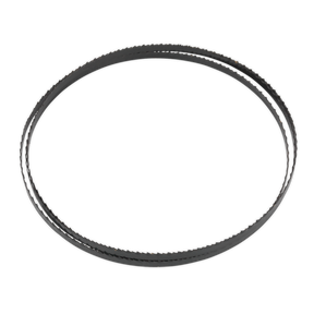 A black circular Sealey Bandsaw Blade 1400 x 6.5 x 0.35mm 10tpi - SM1303B10, featuring a textured surface and hardened steel teeth, set against a white background.