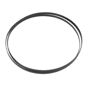 A black circular Sealey Bandsaw Blade 1400 x 6.5 x 0.35mm 10tpi - SM1303B10, featuring a textured surface and hardened steel teeth, set against a white background.