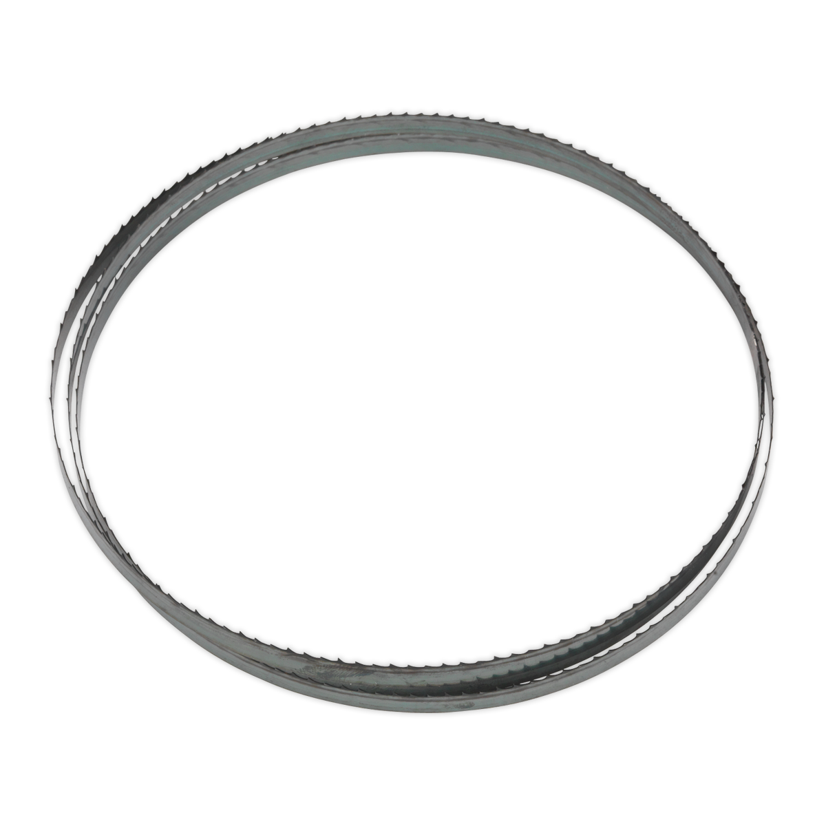 A Sealey Bandsaw Blade 1712 x 10 x 0.35mm 6tpi - SM1304B06, a black circular rubber belt with a ribbed inner surface typically used in machinery, resembling a flexible bandsaw blade with its hardened steel teeth for cutting wood.