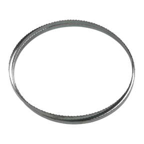 A Sealey Bandsaw Blade 1712 x 10 x 0.35mm 6tpi - SM1304B06, a black circular rubber belt with a ribbed inner surface typically used in machinery, resembling a flexible bandsaw blade with its hardened steel teeth for cutting wood.