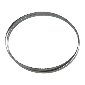 A Sealey Bandsaw Blade 1712 x 10 x 0.35mm 6tpi - SM1304B06, a black circular rubber belt with a ribbed inner surface typically used in machinery, resembling a flexible bandsaw blade with its hardened steel teeth for cutting wood.