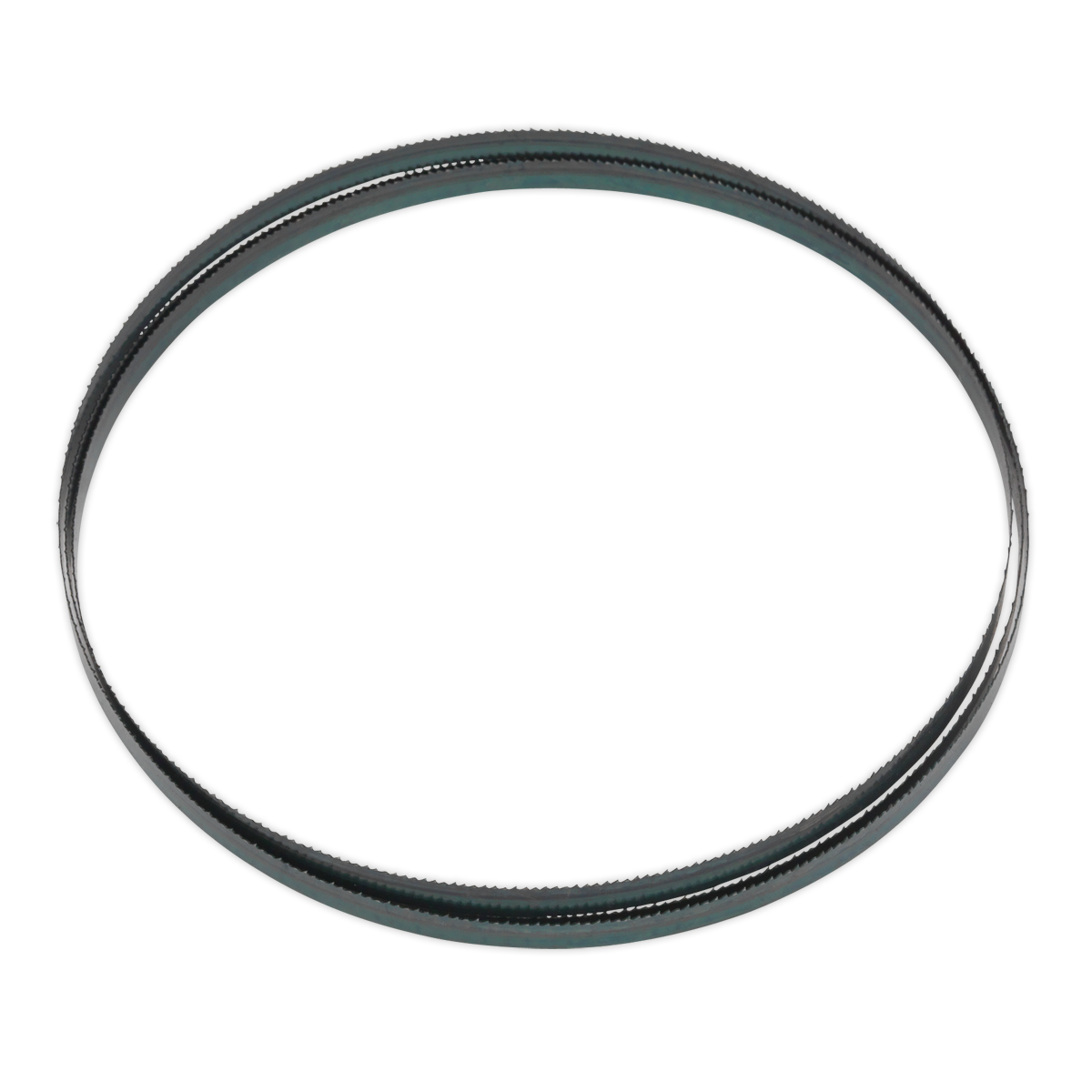 The Bandsaw Blade 1712 x 10 x 0.35mm 14tpi - SM1304B14 by Sealey, featuring hardened steel teeth and a black circular design, is typically used in machinery and is displayed in an isolated view against a white background.