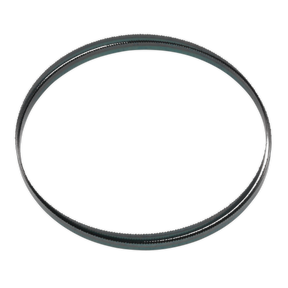 The Bandsaw Blade 1712 x 10 x 0.35mm 14tpi - SM1304B14 by Sealey, featuring hardened steel teeth and a black circular design, is typically used in machinery and is displayed in an isolated view against a white background.