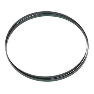 The Bandsaw Blade 1712 x 10 x 0.35mm 14tpi - SM1304B14 by Sealey, featuring hardened steel teeth and a black circular design, is typically used in machinery and is displayed in an isolated view against a white background.