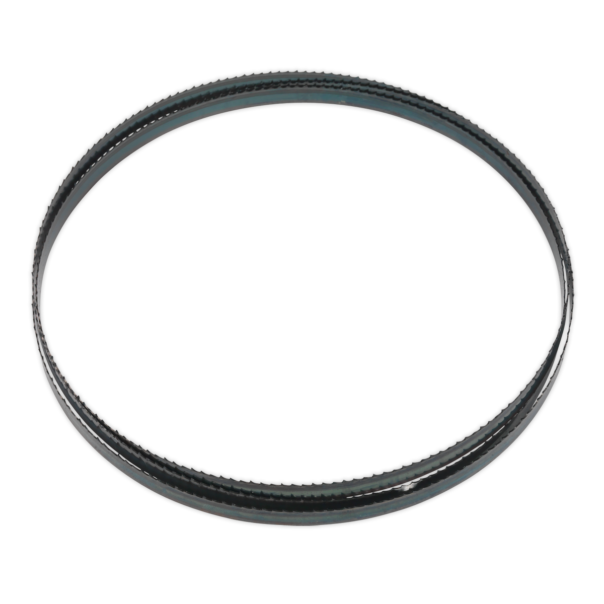 A black rubber belt with a ridged surface in a circular shape, exhibiting the cutting efficiency of the Sealey Bandsaw Blade 2240 x 12 x 0.6mm 6tpi - SM1305B06.