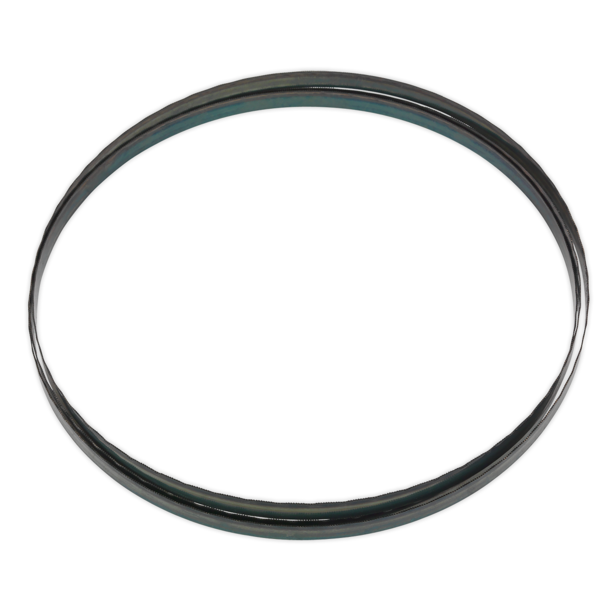 A black rubber O-ring, reminiscent of the hardened steel teeth on the Sealey Bandsaw Blade 2400 x 12 x 0.6mm 24tpi - SM1306B24, set against a stark white background.