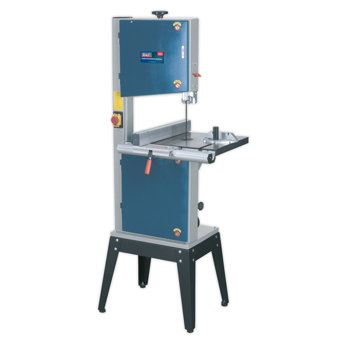 The Sealey Professional Bandsaw 335mm - SM1306 features a blue and gray design with a vertical cutting blade and a flat work surface. This bandsaw offers 2-speed operation, includes safety controls, has a dust extraction port, and is supported by a sturdy black frame.