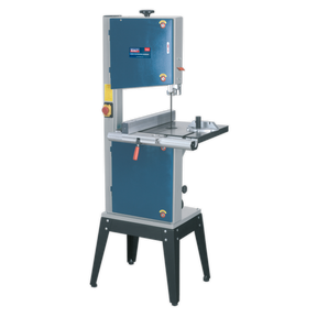 The Sealey Professional Bandsaw 335mm - SM1306 features a blue and gray design with a vertical cutting blade and a flat work surface. This bandsaw offers 2-speed operation, includes safety controls, has a dust extraction port, and is supported by a sturdy black frame.