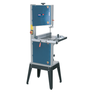 The Sealey Professional Bandsaw 335mm - SM1306 features a blue and gray design with a vertical cutting blade and a flat work surface. This bandsaw offers 2-speed operation, includes safety controls, has a dust extraction port, and is supported by a sturdy black frame.