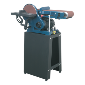 The Sealey Belt/Disc Sander Floor Standing 1220 x 150mm/Ø230mm - SM15 is a blue machine with a heavy-duty induction motor, mounted on a black stand, ideal for general woodworking applications.
