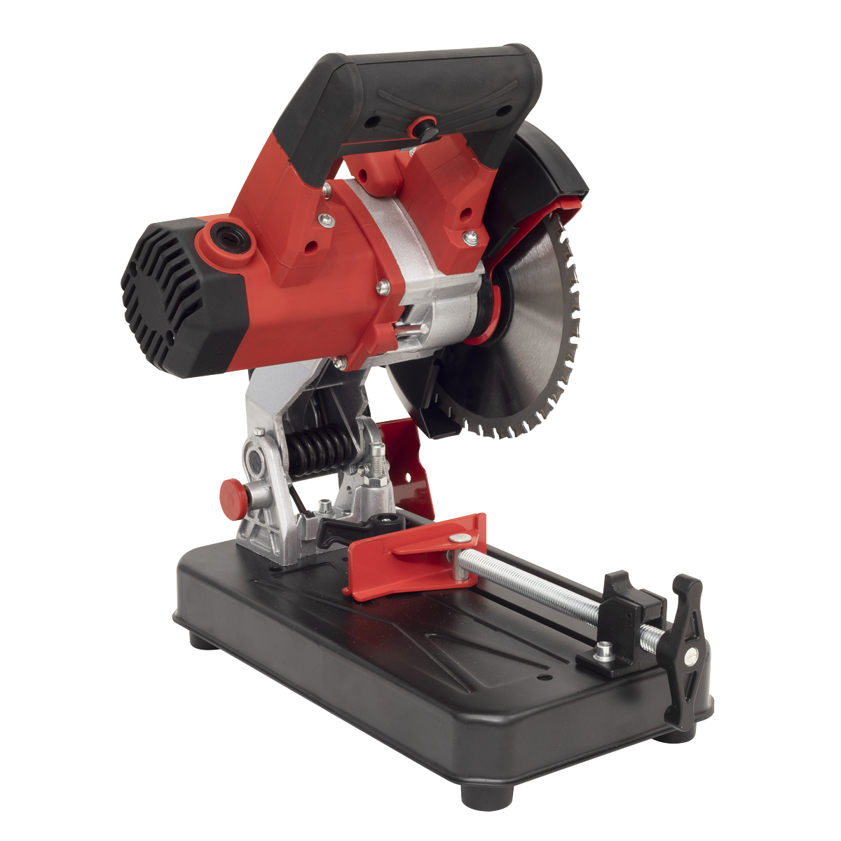 A compact Sealey Cut-Off Machine Ø180mm 230V with Blade - SM180B, featuring a red and black design and TCT blade for multi-material cutting, rests on a black base.