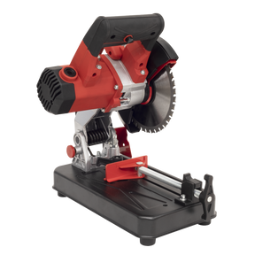 A compact Sealey Cut-Off Machine Ø180mm 230V with Blade - SM180B, featuring a red and black design and TCT blade for multi-material cutting, rests on a black base.