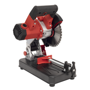 A compact Sealey Cut-Off Machine Ø180mm 230V with Blade - SM180B, featuring a red and black design and TCT blade for multi-material cutting, rests on a black base.