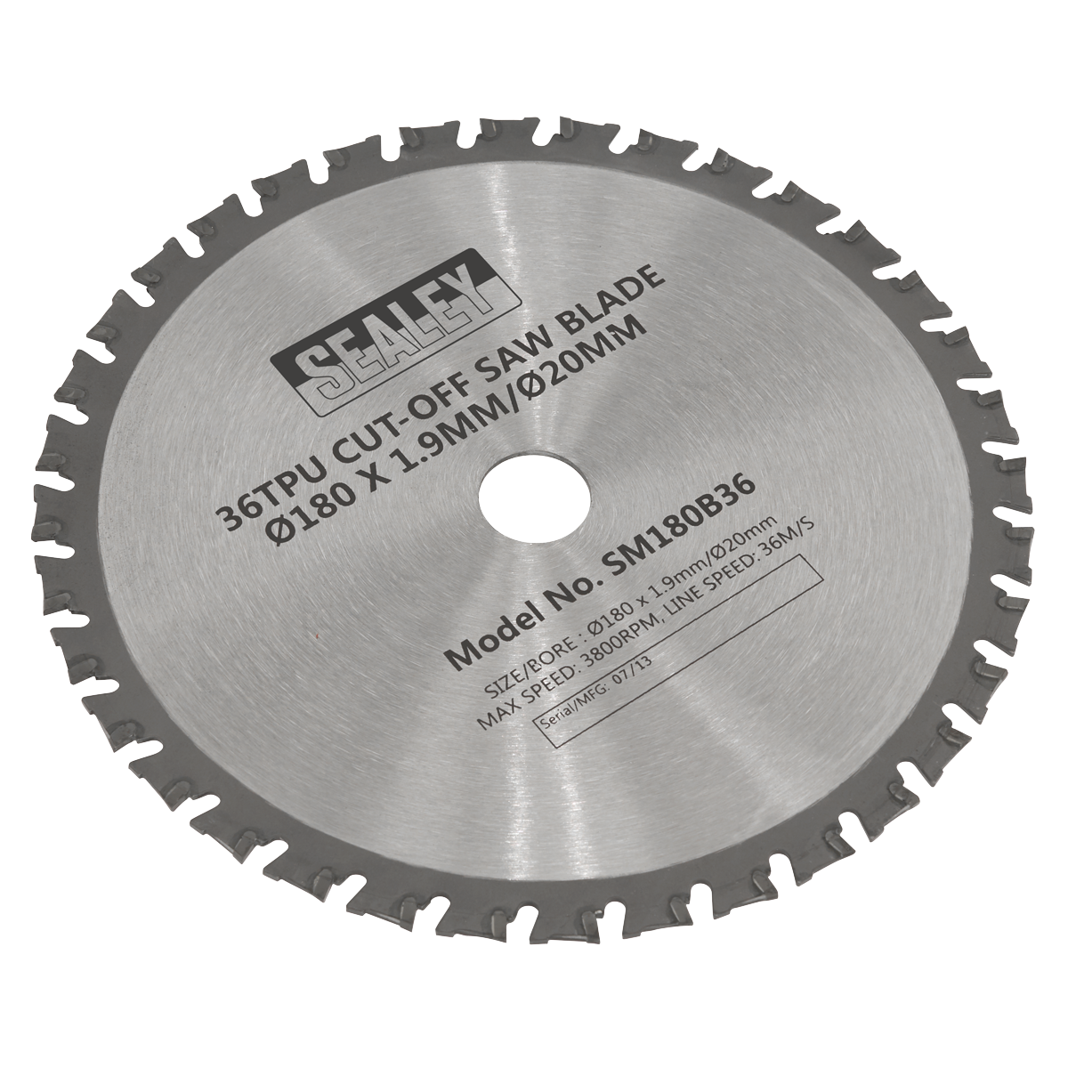 A silver circular saw blade from the brand "Sealey" with the specifications "36TPU Cut-Off Saw Blade, Ø180 x 1.9mm/Ø20mm, Model No: SM180B36" etched on it. This tungsten carbide saw blade is designed for cutting steel efficiently.