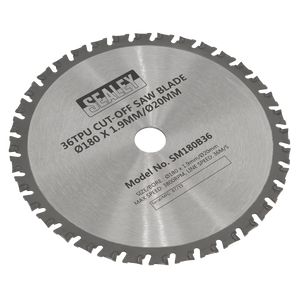 A silver circular saw blade from the brand "Sealey" with the specifications "36TPU Cut-Off Saw Blade, Ø180 x 1.9mm/Ø20mm, Model No: SM180B36" etched on it. This tungsten carbide saw blade is designed for cutting steel efficiently.