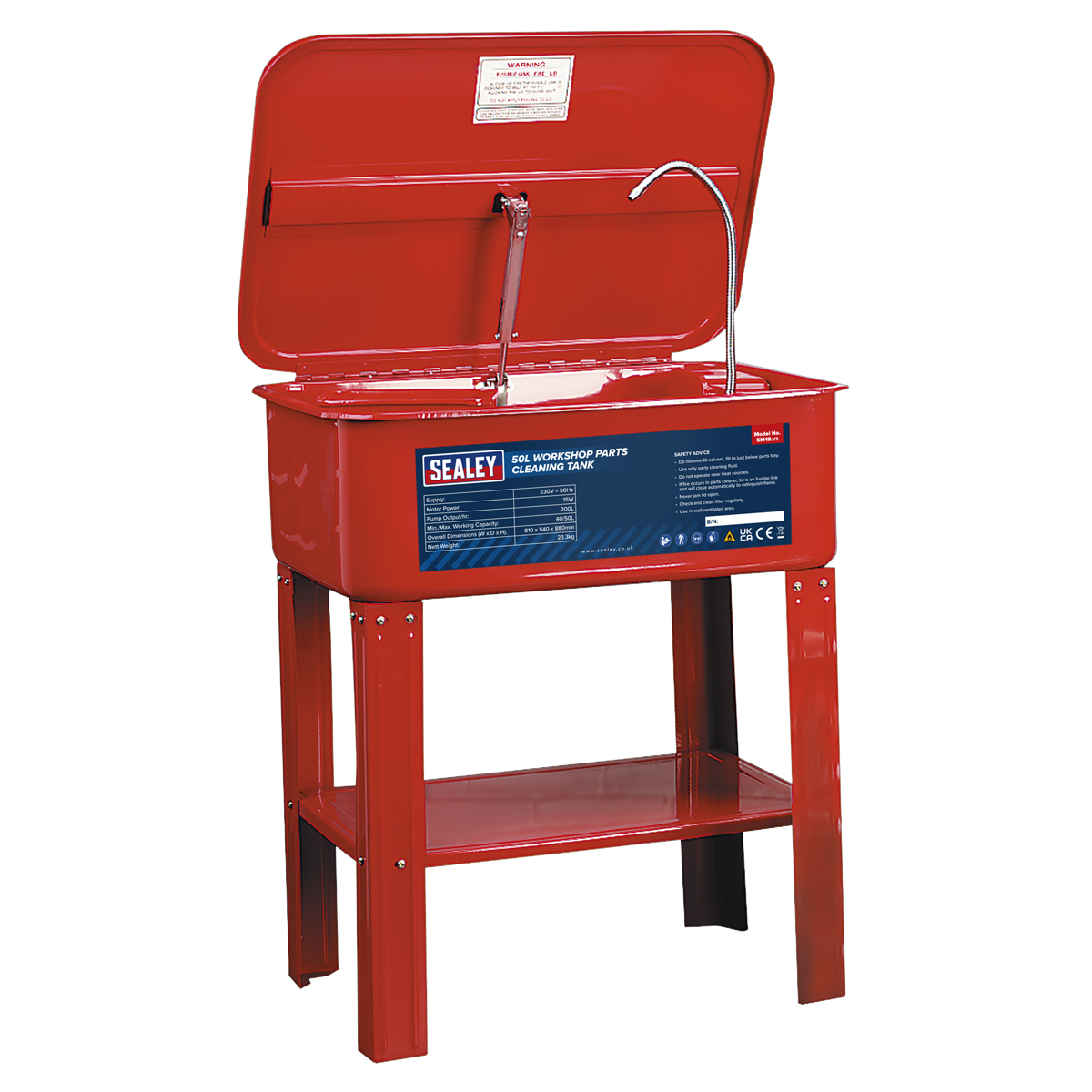 A red Parts Cleaning Tank - SM19 featuring an open lid, overhead pipe, and a "Sealey" label on the front. This new Model 002 product is supported by sturdy red metal legs with a convenient shelf underneath.