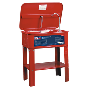 A red Parts Cleaning Tank - SM19 featuring an open lid, overhead pipe, and a "Sealey" label on the front. This new Model 002 product is supported by sturdy red metal legs with a convenient shelf underneath.
