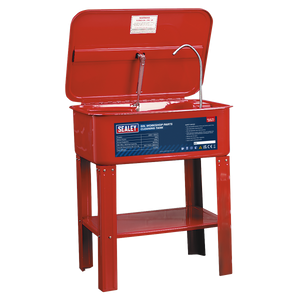 A red Parts Cleaning Tank - SM19 featuring an open lid, overhead pipe, and a "Sealey" label on the front. This new Model 002 product is supported by sturdy red metal legs with a convenient shelf underneath.