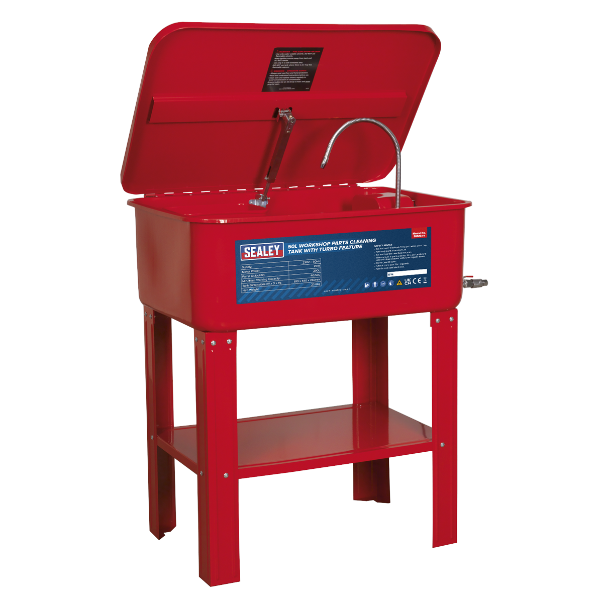 The Sealey SM20 Parts Cleaning Tank with Turbo Feature is a red, standalone unit featuring an open lid, a spout, a bottom shelf, a built-in cleaning system, and a heavy-duty steel tank.