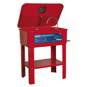 The Sealey SM20 Parts Cleaning Tank with Turbo Feature is a red, standalone unit featuring an open lid, a spout, a bottom shelf, a built-in cleaning system, and a heavy-duty steel tank.