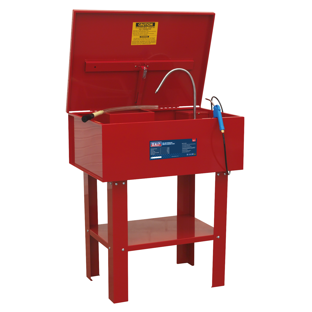 The Sealey SM22 Parts Cleaning Tank Air Operated is designed for hazardous environments, ensuring durability and safety for tough cleaning jobs. This heavy-duty red parts washer features an open lid with a warning label inside, a flexible nozzle, and a cleaning brush. The welded steel tank stands on four sturdy legs with a lower shelf for added convenience.