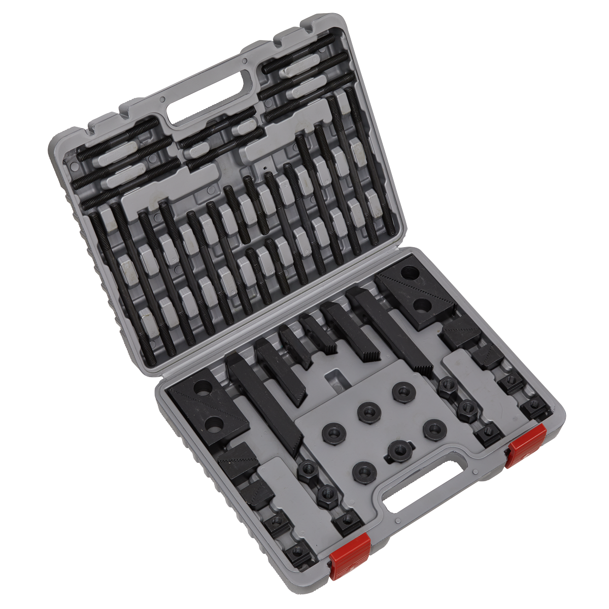 The Sealey Clamping Kit 58pc - SM25/52T comes in a gray plastic case featuring multiple compartments for organized storage of the black metal tools and accessories. The case is equipped with a handle and red latches to ensure secure closure.