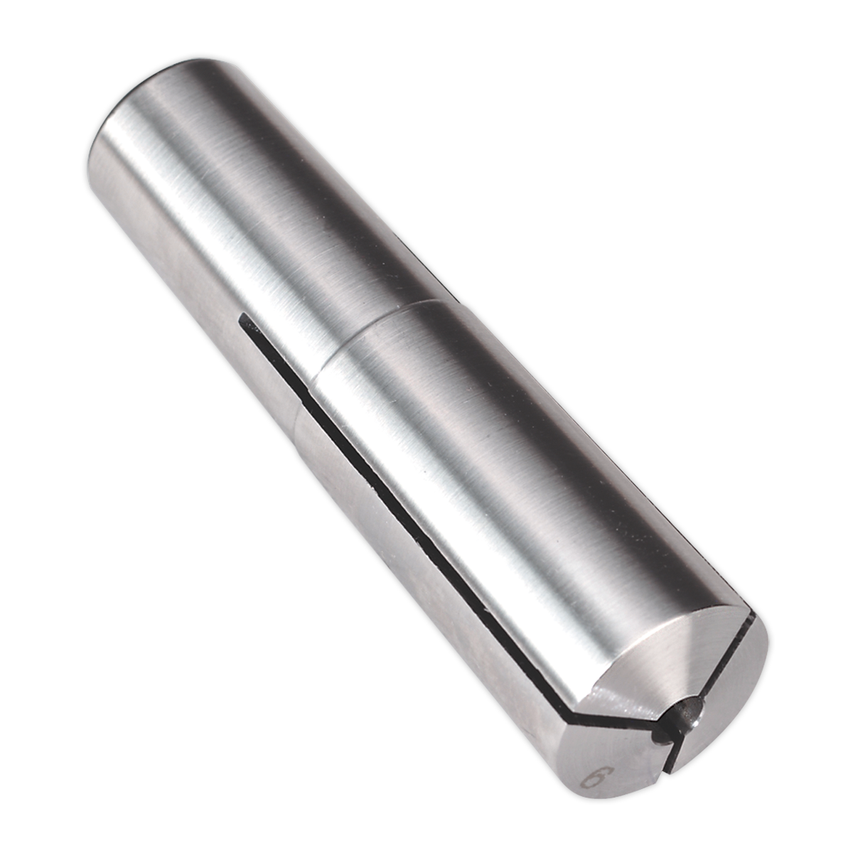 A polished metal cylindrical shaft with a slit running lengthwise on one end, perfect for high-quality accessories like the Sealey Collet MT3-M12 Ø6mm - SM2502C06.