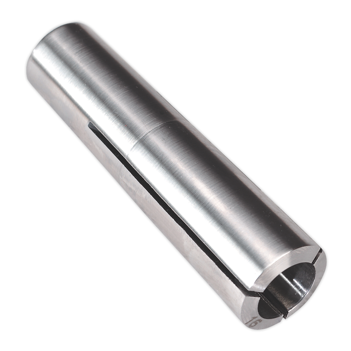 The Collet MT3-M12 Ø16mm - SM2502C16 by Sealey is a cylindrical metal sleeve with a longitudinal slit and a hollow interior, essential for mini drilling machines.