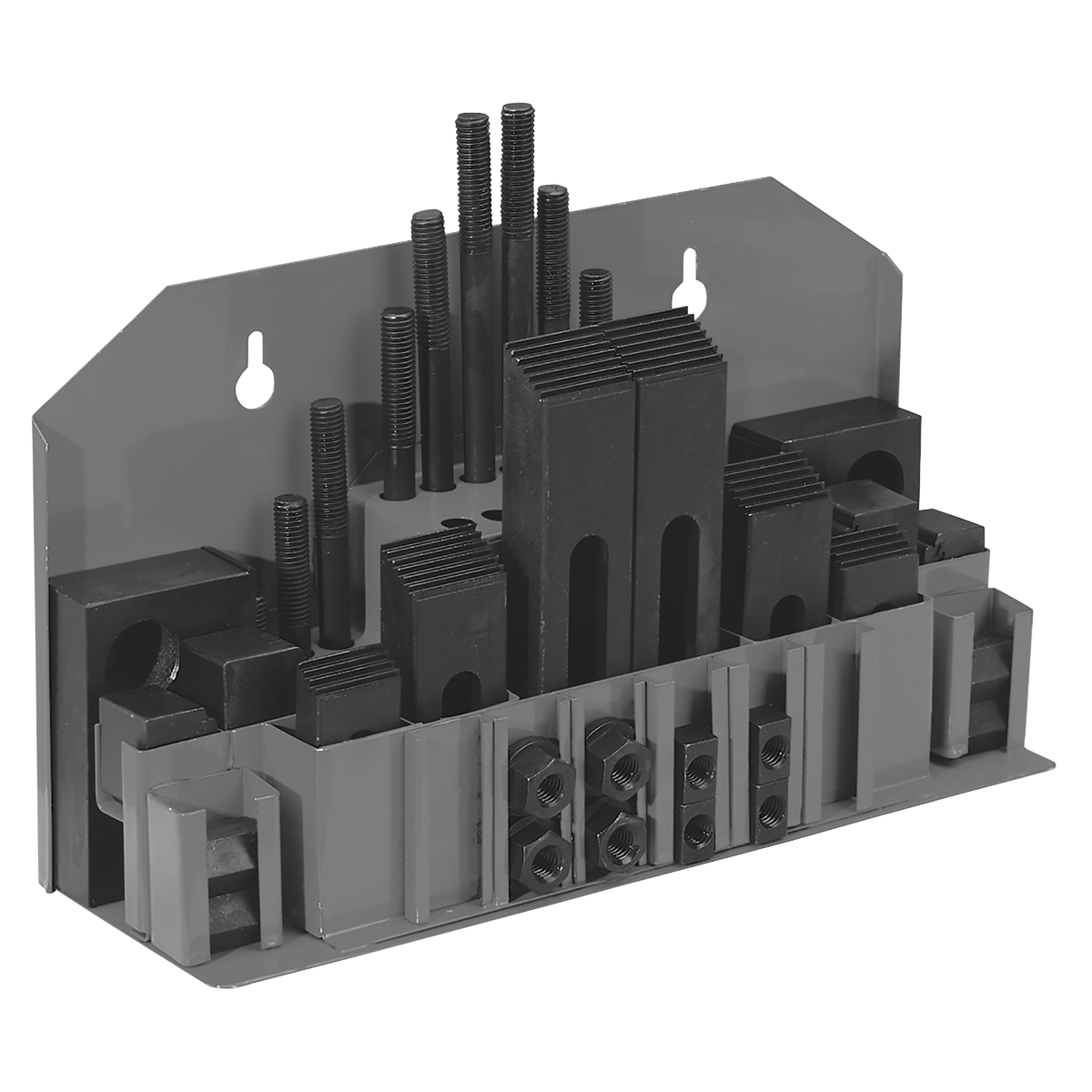 Image of the Sealey Clamping Kit 42pc - SM2502CK in gray, featuring various sizes of bolts, T-nuts, clamps, and brackets organized in compartments.