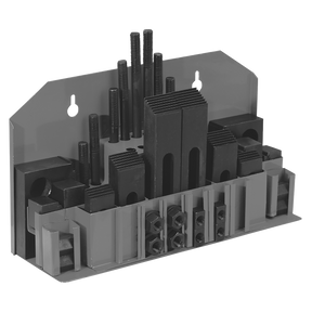 Image of the Sealey Clamping Kit 42pc - SM2502CK in gray, featuring various sizes of bolts, T-nuts, clamps, and brackets organized in compartments.