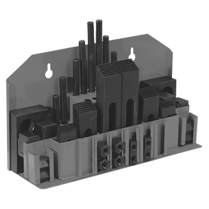 Image of the Sealey Clamping Kit 42pc - SM2502CK in gray, featuring various sizes of bolts, T-nuts, clamps, and brackets organized in compartments.