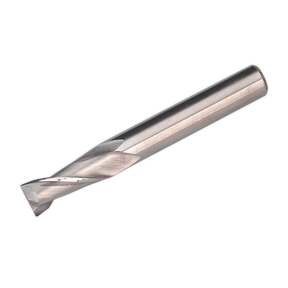 A close-up view of the Sealey HSS End Mill Ø8mm 2 Flute - SM2502EM08, a metallic, cylindrical cutting tool used in machining and manufacturing processes on the SM2502 mini drilling/milling machine, showcasing helical flutes along its length for chip removal.