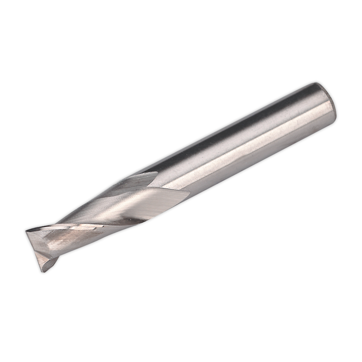 A close-up image of the Sealey HSS End Mill Ø10mm 2 Flute - SM2502EM10 cutting tool, featuring a cylindrical shank and helical flutes, ideal for use in a mini milling machine like the SM2502 for precision milling operations in machining.