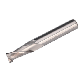 A close-up image of the Sealey HSS End Mill Ø10mm 2 Flute - SM2502EM10 cutting tool, featuring a cylindrical shank and helical flutes, ideal for use in a mini milling machine like the SM2502 for precision milling operations in machining.