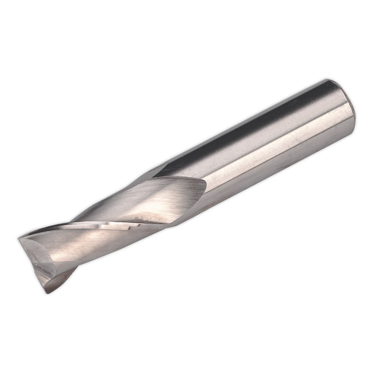 The Sealey HSS End Mill Ø16mm 2 Flute (model SM2502EM16) features a spiral groove and a rounded tip, making it perfect for drilling holes in various materials.