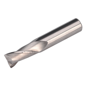 The Sealey HSS End Mill Ø16mm 2 Flute (model SM2502EM16) features a spiral groove and a rounded tip, making it perfect for drilling holes in various materials.