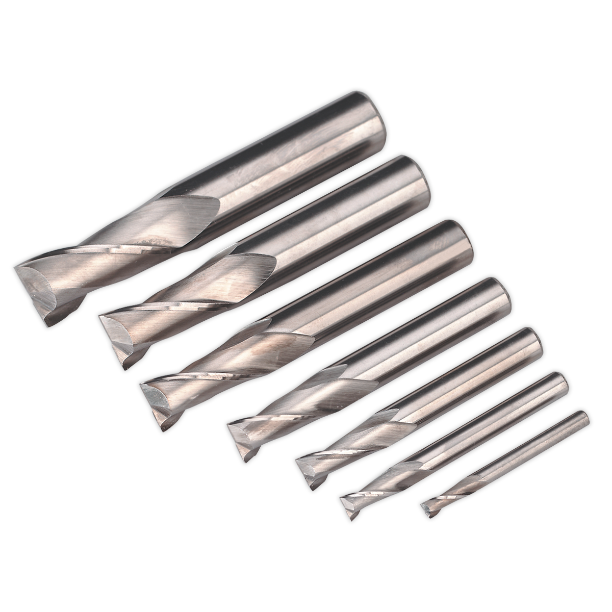 The Sealey HSS End Mill Set Ø4-16mm 2 Flute - SM2502EMSET includes a set of six metal drill bits, perfect for use with the mini drilling/milling machine, Model No. SM2502. Arranged from largest to smallest and displayed against a white background, this high-speed steel set is ideal for precision work.