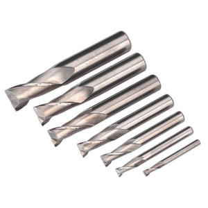 The Sealey HSS End Mill Set Ø4-16mm 2 Flute - SM2502EMSET includes a set of six metal drill bits, perfect for use with the mini drilling/milling machine, Model No. SM2502. Arranged from largest to smallest and displayed against a white background, this high-speed steel set is ideal for precision work.