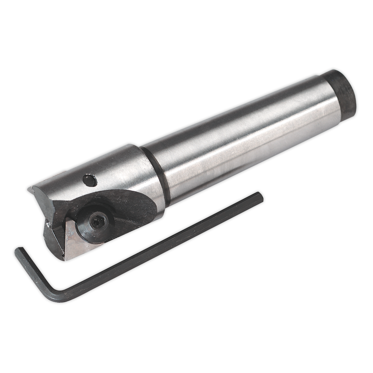 Introducing the Sealey Indexable Carbide End Mill MT3-M12 Ø30mm - SM2502ICEM, a high-quality metal boring bar tool complete with an attached cutting insert and an Allen wrench placed beside it, perfect for use with your mini drilling/milling machine.