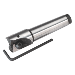 Introducing the Sealey Indexable Carbide End Mill MT3-M12 Ø30mm - SM2502ICEM, a high-quality metal boring bar tool complete with an attached cutting insert and an Allen wrench placed beside it, perfect for use with your mini drilling/milling machine.