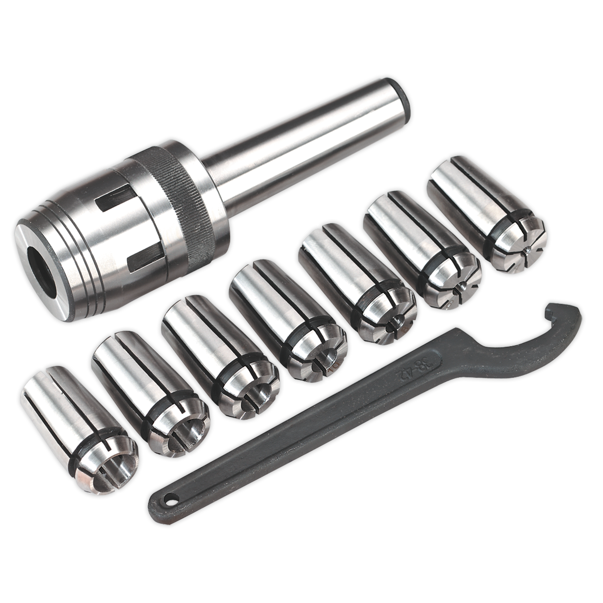 Introducing the Sealey Mill Chuck Set MT3-M12 Ø4-16mm - SM2502MCS, a premium-quality set that includes a durable metal drill chuck, six collets, and a tightening wrench. This set is perfectly suited for mini drilling and milling machines, and it is beautifully presented against an elegant white background.