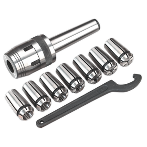 Introducing the Sealey Mill Chuck Set MT3-M12 Ø4-16mm - SM2502MCS, a premium-quality set that includes a durable metal drill chuck, six collets, and a tightening wrench. This set is perfectly suited for mini drilling and milling machines, and it is beautifully presented against an elegant white background.