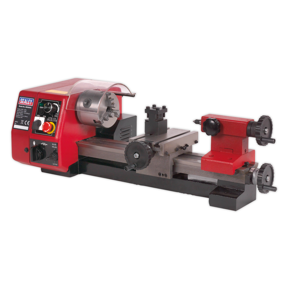 The Sealey Metalworking Mini Lathe 250mm - SM2503A is a red and black bench-mounted miniature lathe machine featuring various adjustment knobs, a high-torque motor, variable speed control, and a clear protective shield.