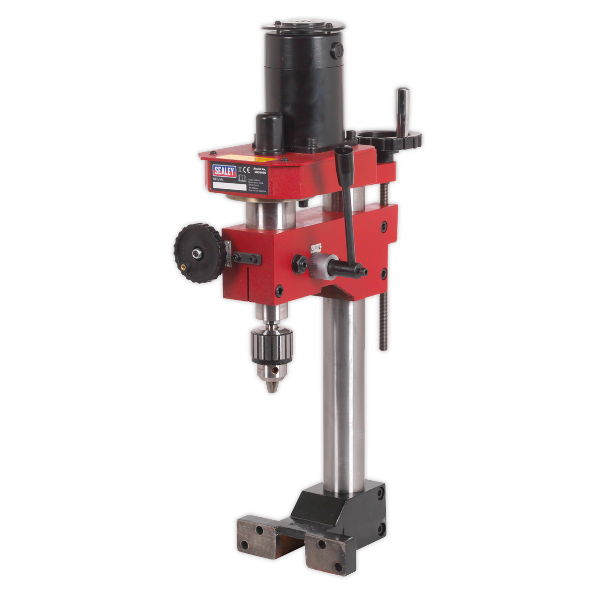 The Sealey Drill Head for Mini Lathe SM2503A - SM2503B, featuring a red and black design with a metal base, adjustable table, and chuck for holding drill bits, excels in various metalworking tasks.