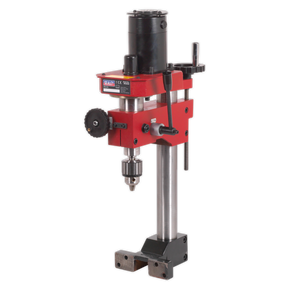 The Sealey Drill Head for Mini Lathe SM2503A - SM2503B, featuring a red and black design with a metal base, adjustable table, and chuck for holding drill bits, excels in various metalworking tasks.